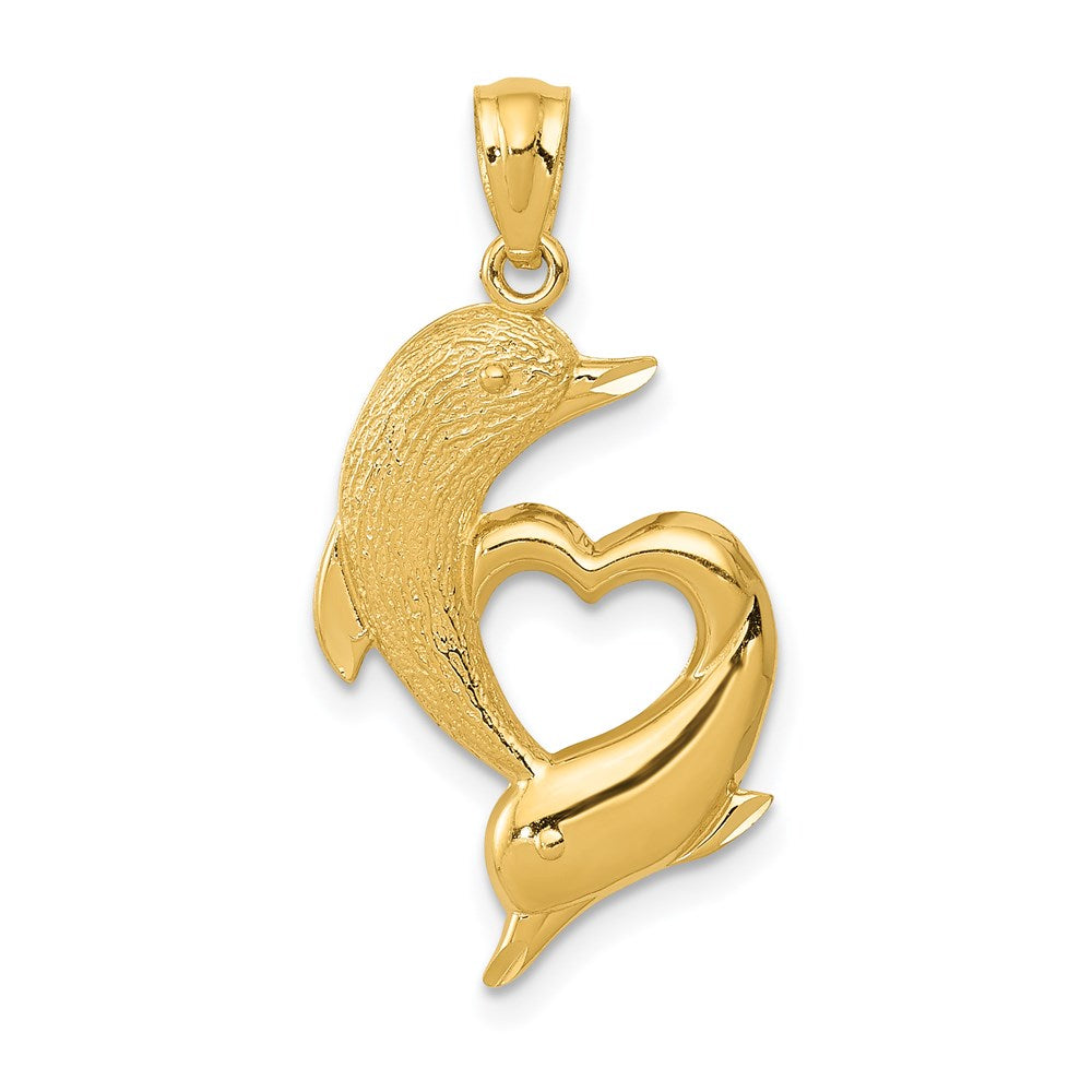 14k Yellow Gold 13.5 mm D/C Satin and Polished Dolphins Heart Pendant