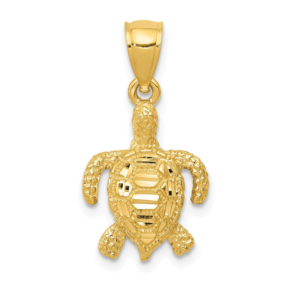 14k Yellow Gold 12.5 mm Polished and Textured Diamond-cut Sea Turtle Pendant (1.06 grams)