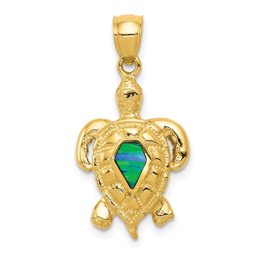 14k Yellow Gold 14 mm Polished Created Blue Opal Turtle Pendant (1.88 grams)