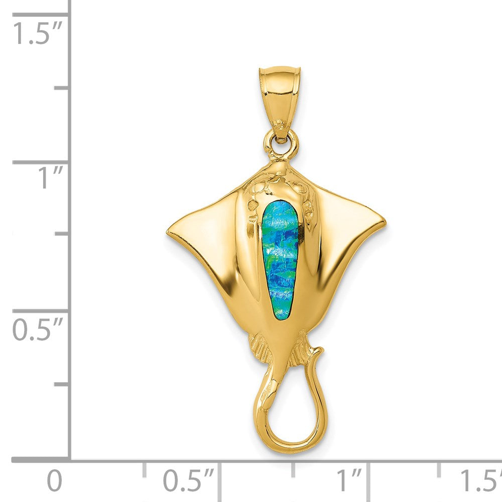 14k Yellow Gold 20 mm Polished Created Blue Opal Stingray Pendant (2.68 grams)