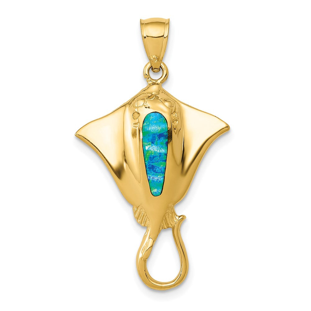 14k Yellow Gold 20 mm Polished Created Blue Opal Stingray Pendant (2.68 grams)