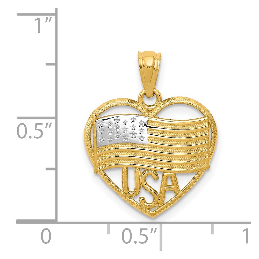 14k Yellow & Rhodium 16.3 mm Polished American Flag USA in Heart Pendant (1.1 grams)