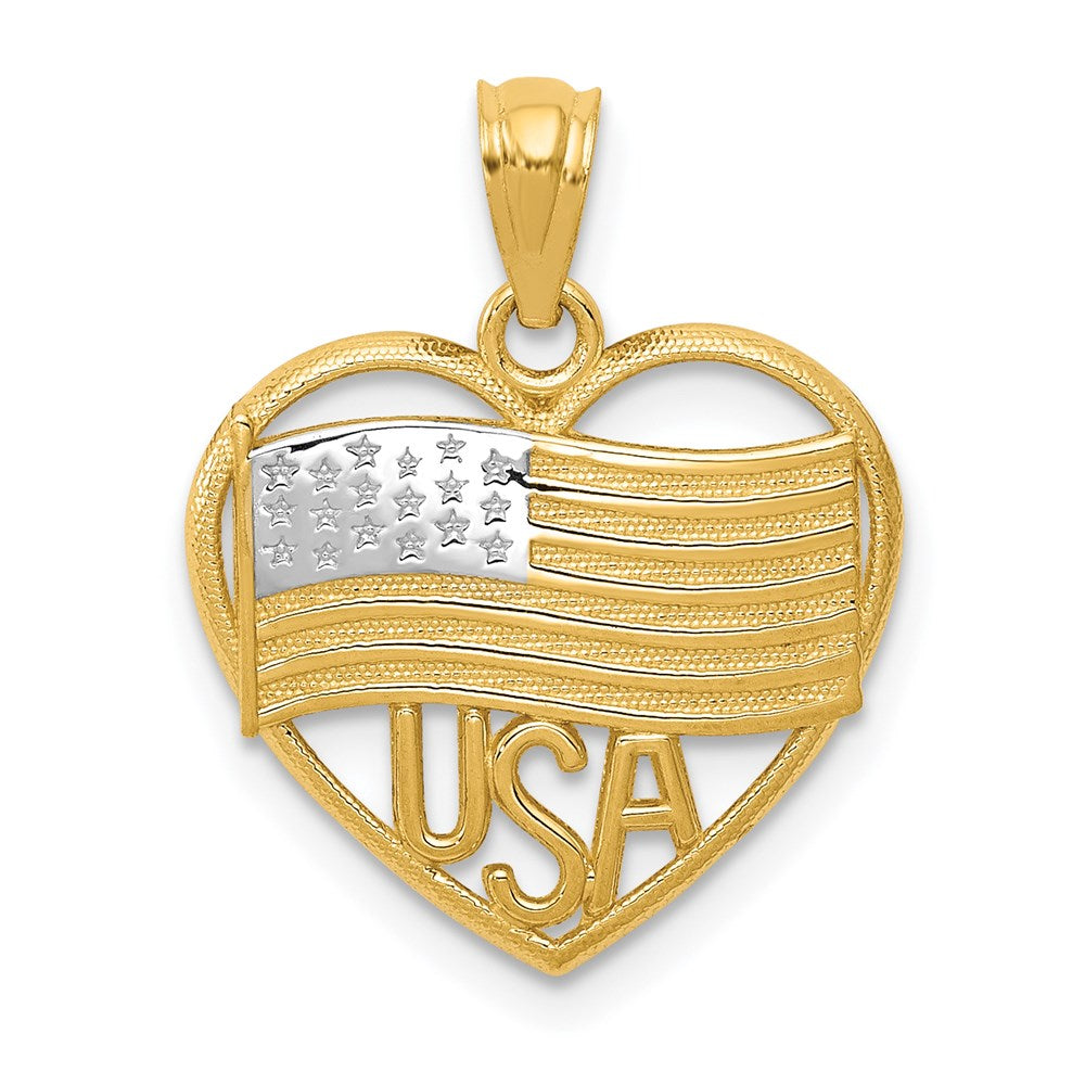 14k Yellow & Rhodium 16.3 mm Polished American Flag USA in Heart Pendant (1.1 grams)