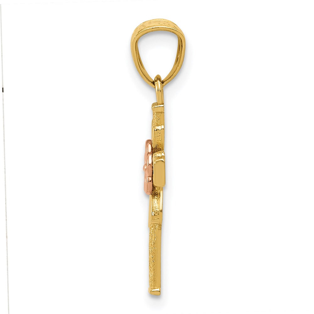 14k Two-tone 10.5 mm Two-tone Polished D/C Cross w/Flower Pendant (0.59 grams)