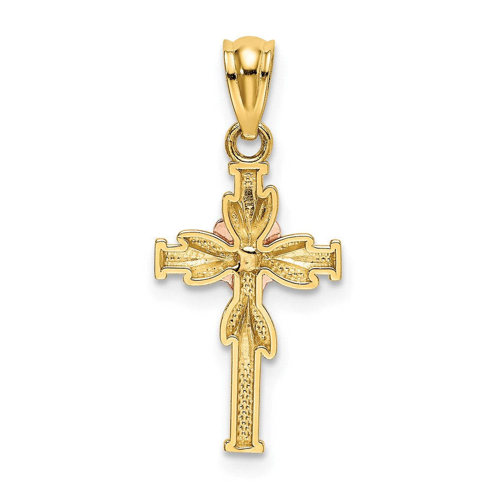 14k Two-tone 10.5 mm Two-tone Polished D/C Cross w/Flower Pendant (0.59 grams)