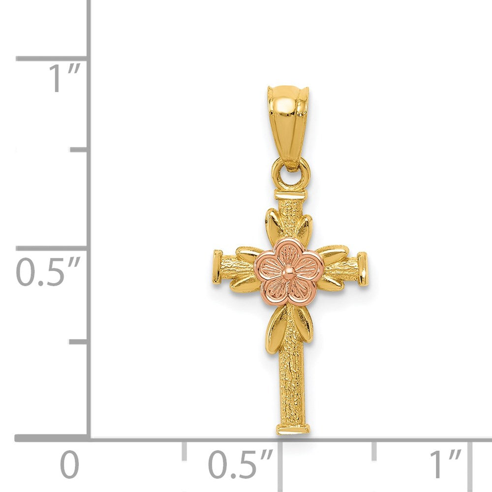 14k Two-tone 10.5 mm Two-tone Polished D/C Cross w/Flower Pendant (0.59 grams)