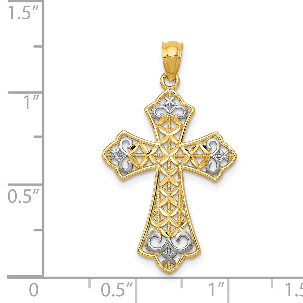 14k Yellow & Rhodium 18.5 mm Polished D/C Filigree Cross Pendant (1.11 grams)