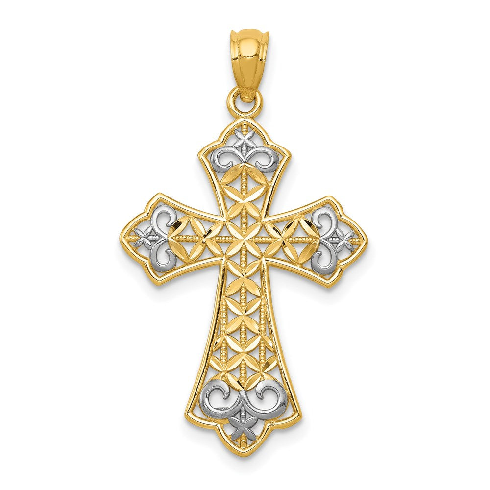 14k Yellow & Rhodium 18.5 mm Polished D/C Filigree Cross Pendant (1.11 grams)