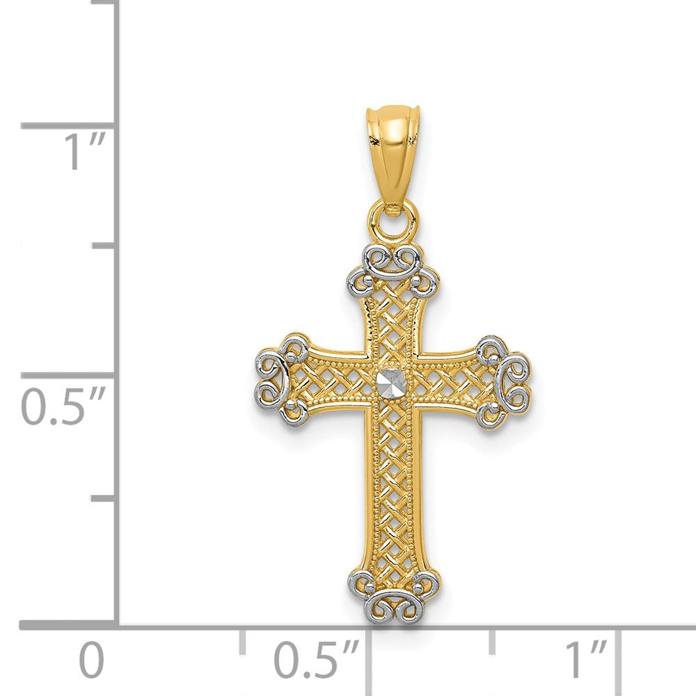 14k Yellow & Rhodium 14.72 mm Diamond-cut Filigree Cross Pendant (0.96 grams)