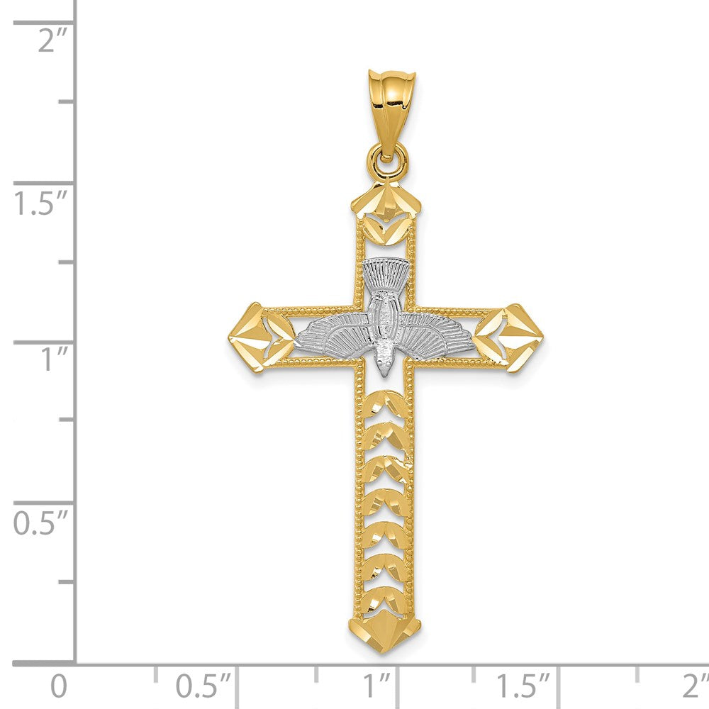 14k Yellow & Rhodium 24.02 mm Polished Diamond-Cut Dove Cross Pendant (1.55 grams)