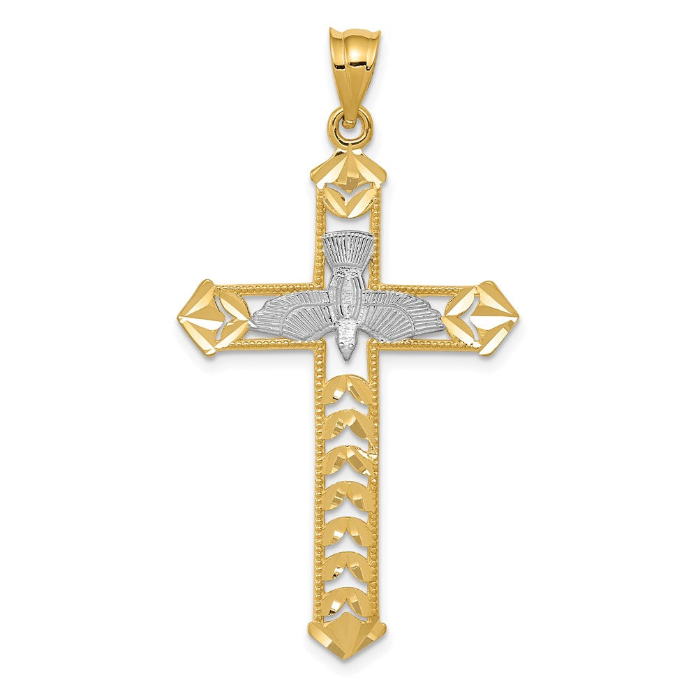 14k Yellow & Rhodium 24.02 mm Polished Diamond-Cut Dove Cross Pendant (1.55 grams)