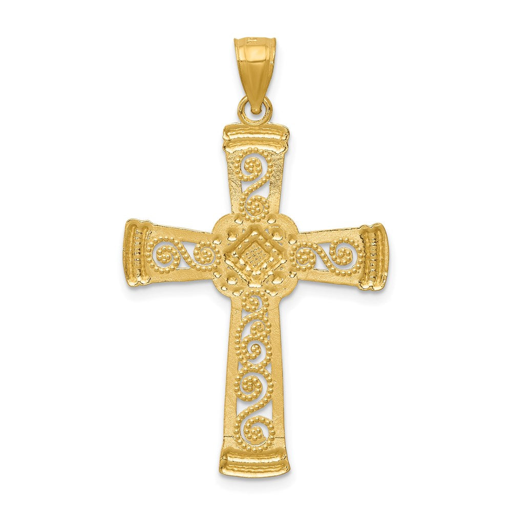 14k Yellow & Rhodium 23 mm Diamond-cut Filigree Cross Pendant (1.56 grams)