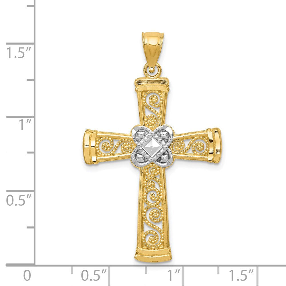 14k Yellow & Rhodium 23 mm Diamond-cut Filigree Cross Pendant (1.56 grams)