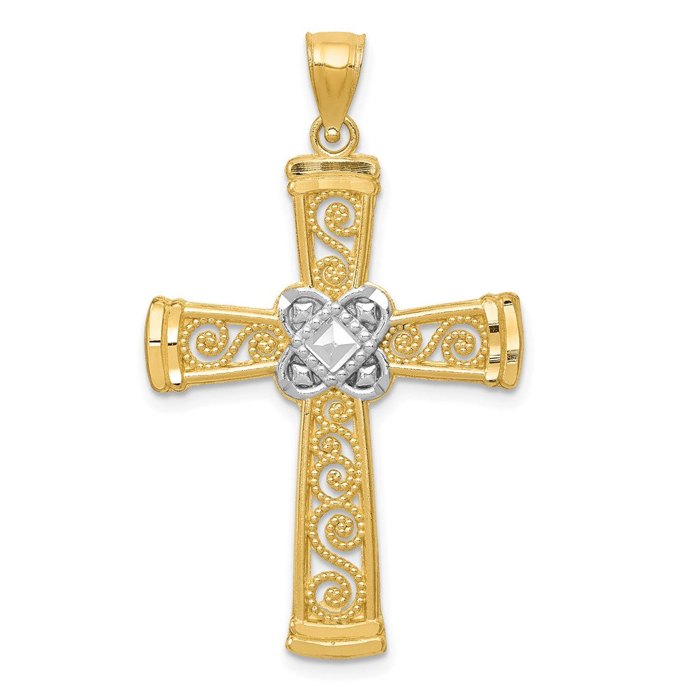 14k Yellow & Rhodium 23 mm Diamond-cut Filigree Cross Pendant (1.56 grams)