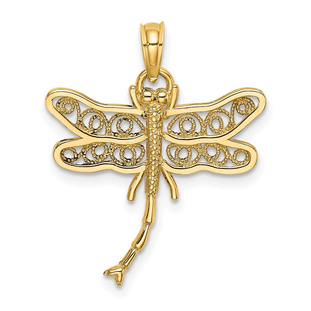 14k Yellow Gold 21.3 mm Dragonfly w/Beaded Filigree Wings Charm (1.02 grams)