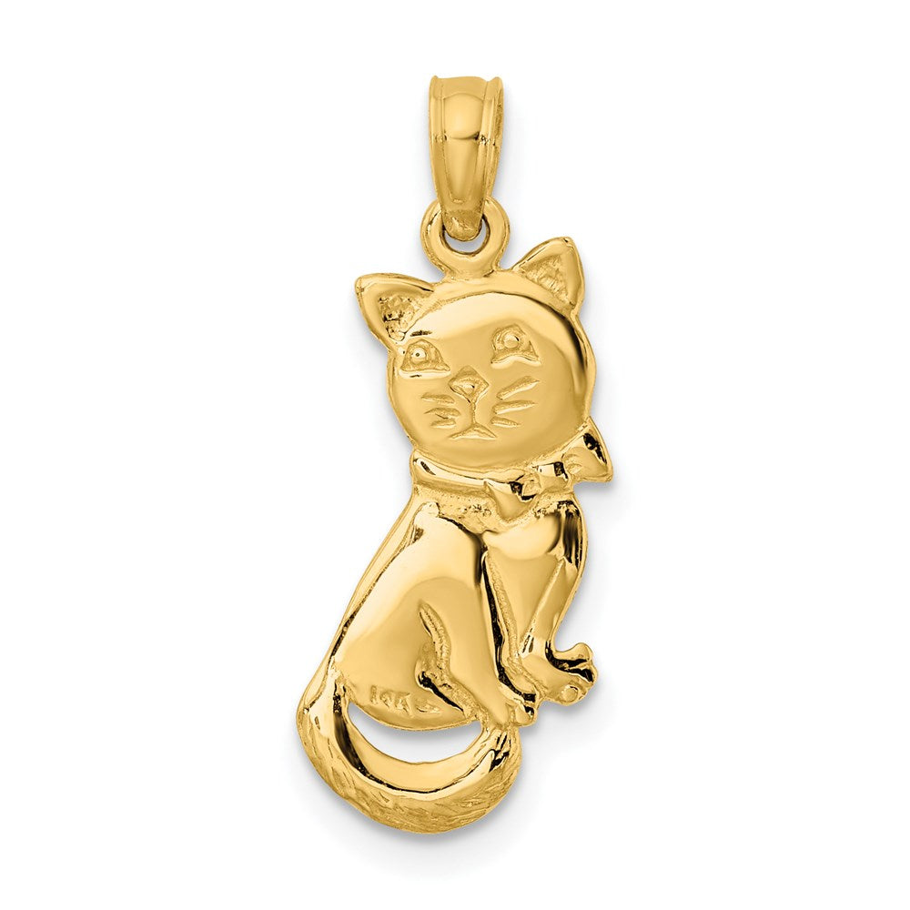14k Yellow Gold 9.1 mm 3-D Polished and Bow Sitting Cat Charm (1.31 grams)