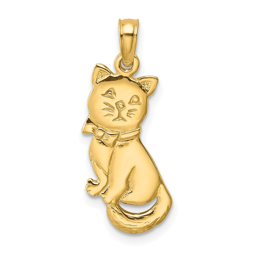 14k Yellow Gold 9.1 mm 3-D Polished and Bow Sitting Cat Charm (1.31 grams)