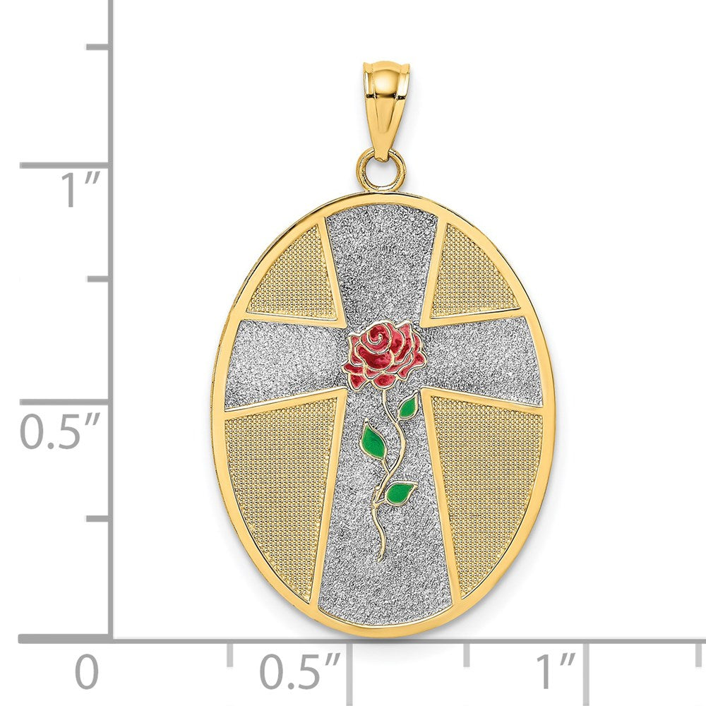 14k Yellow & Rhodium 21 mm Enamel Rose Serenity Prayer Oval Disc Charm (2.88 grams)