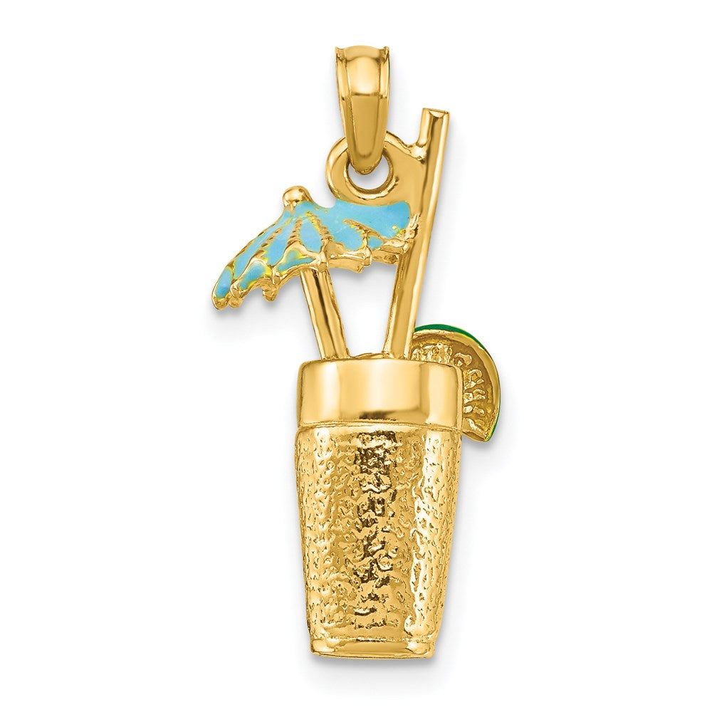 14k Yellow Gold 6.6 mm 3-D Cocktail Drink w/ Enamel Umbrella and Lime Charm (3.9 grams)