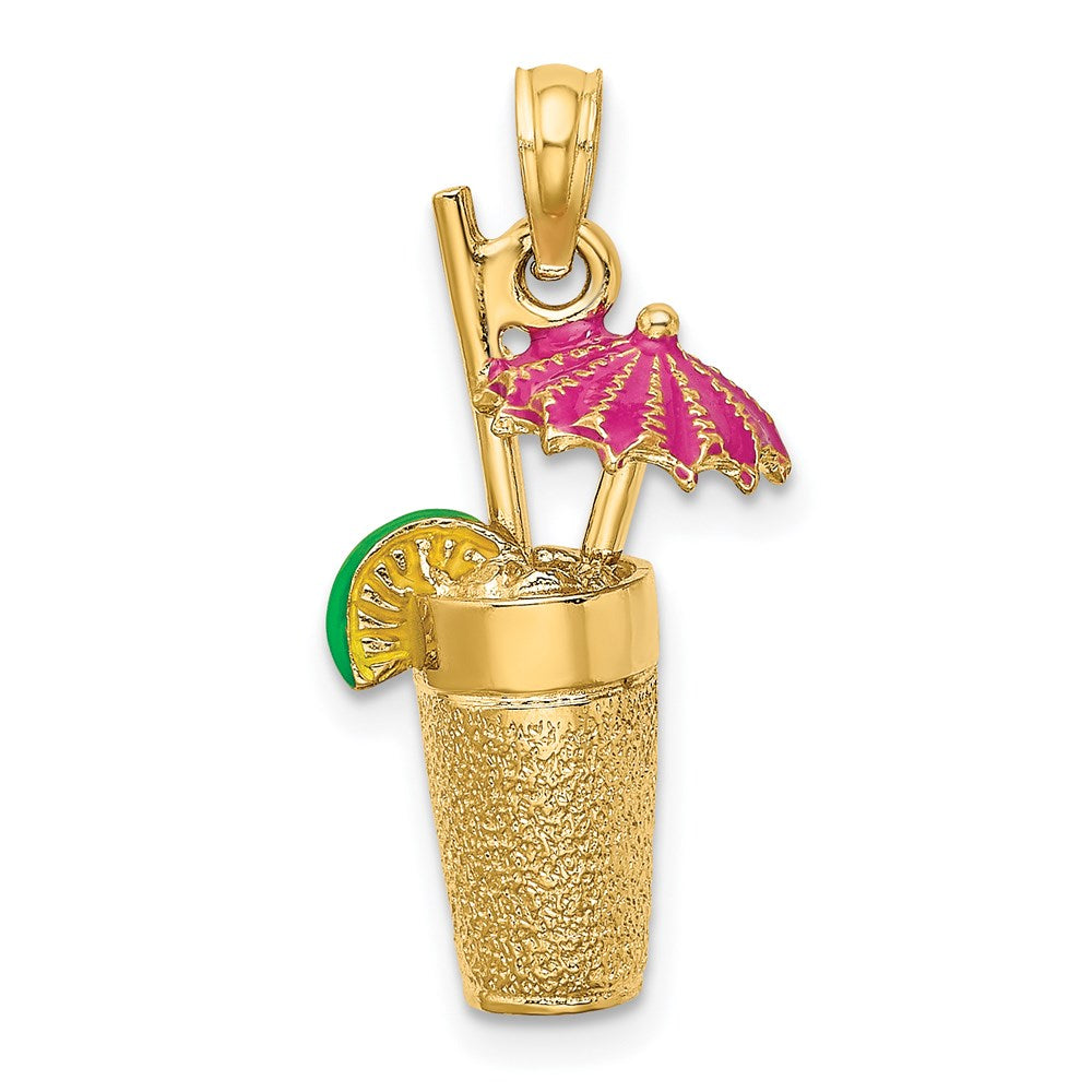 14k Yellow Gold 6.5 mm 3-D Cocktail Drink w/Fuschia Enamel Umbrella and Lime Charm (4.2 grams)