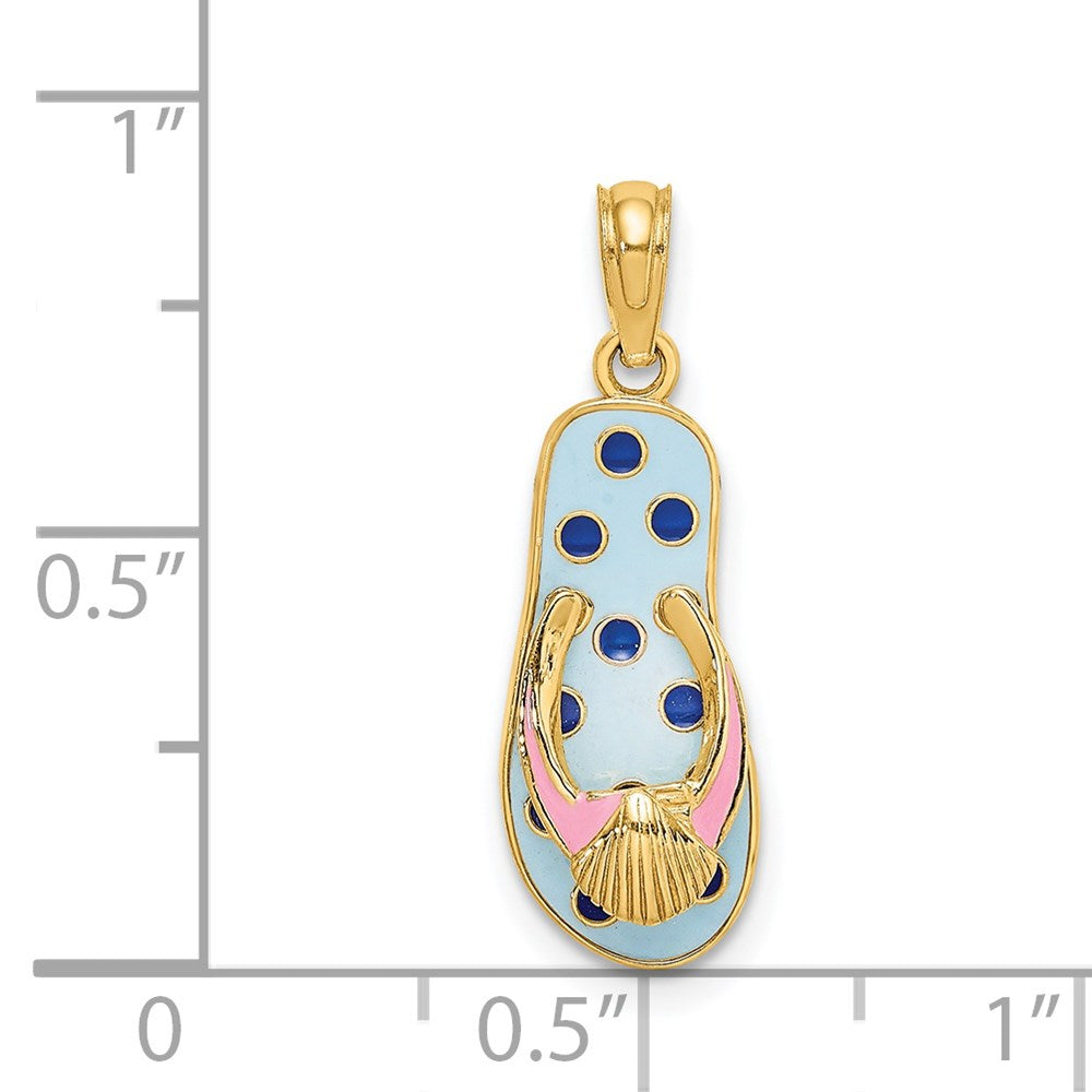 14k Yellow Gold 8 mm 3D Enamel Shell On Blue Polka-Dot Flip-Flop Charm (1.53 grams)