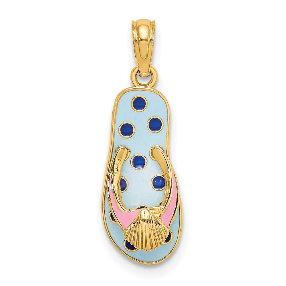 14k Yellow Gold 8 mm 3D Enamel Shell On Blue Polka-Dot Flip-Flop Charm (1.53 grams)