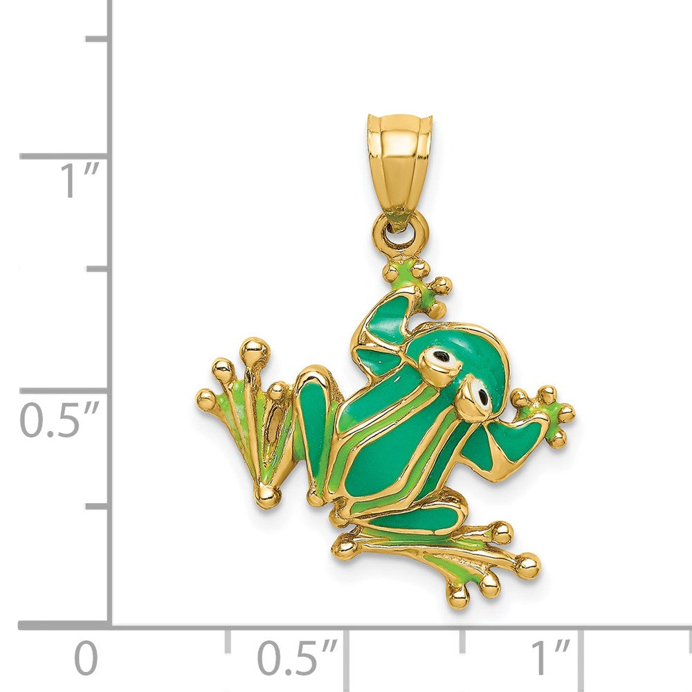 14k Yellow Gold 20.6 mm Green Enameled 2-D Frog Charm (3.82 grams)