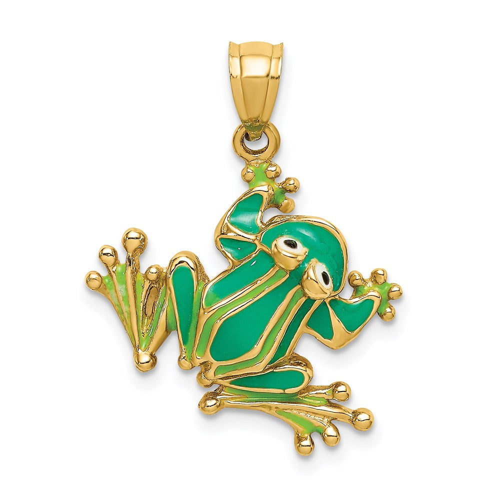 14k Yellow Gold 20.6 mm Green Enameled 2-D Frog Charm (3.82 grams)