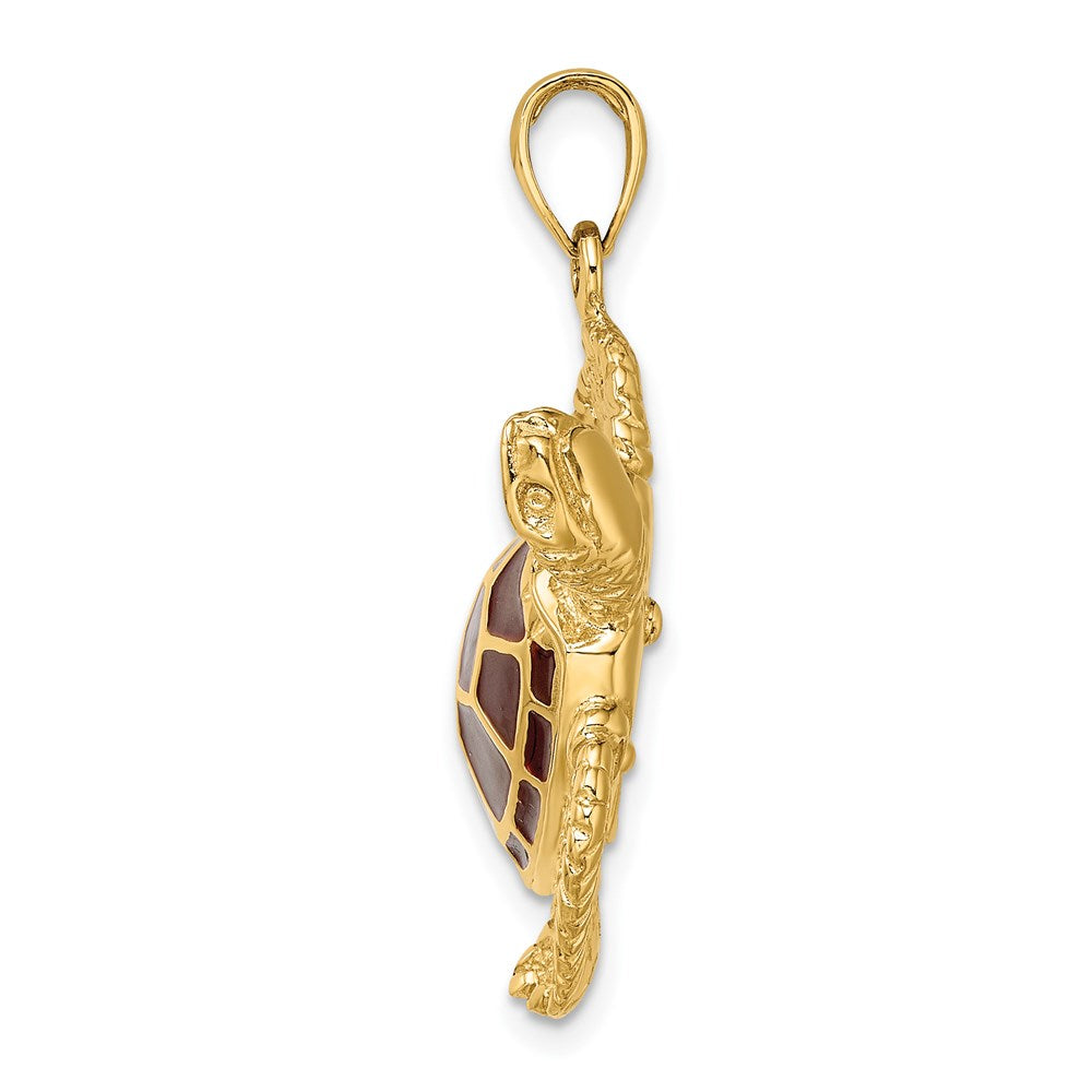 14k Yellow Gold 28.1 mm 3-D Brown Enamel Large Sea Turtle Charm (9.43 grams)
