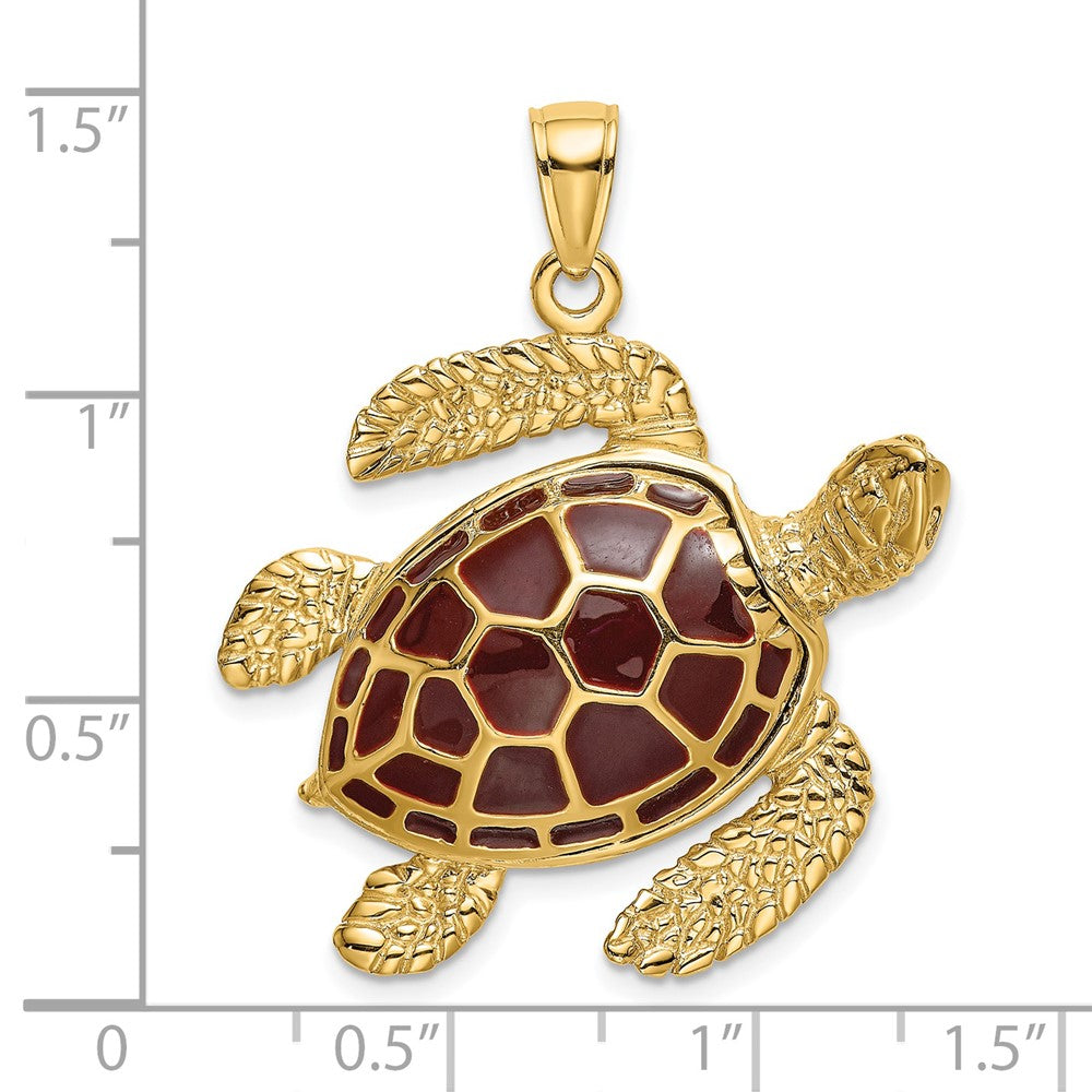 14k Yellow Gold 28.1 mm 3-D Brown Enamel Large Sea Turtle Charm (9.43 grams)