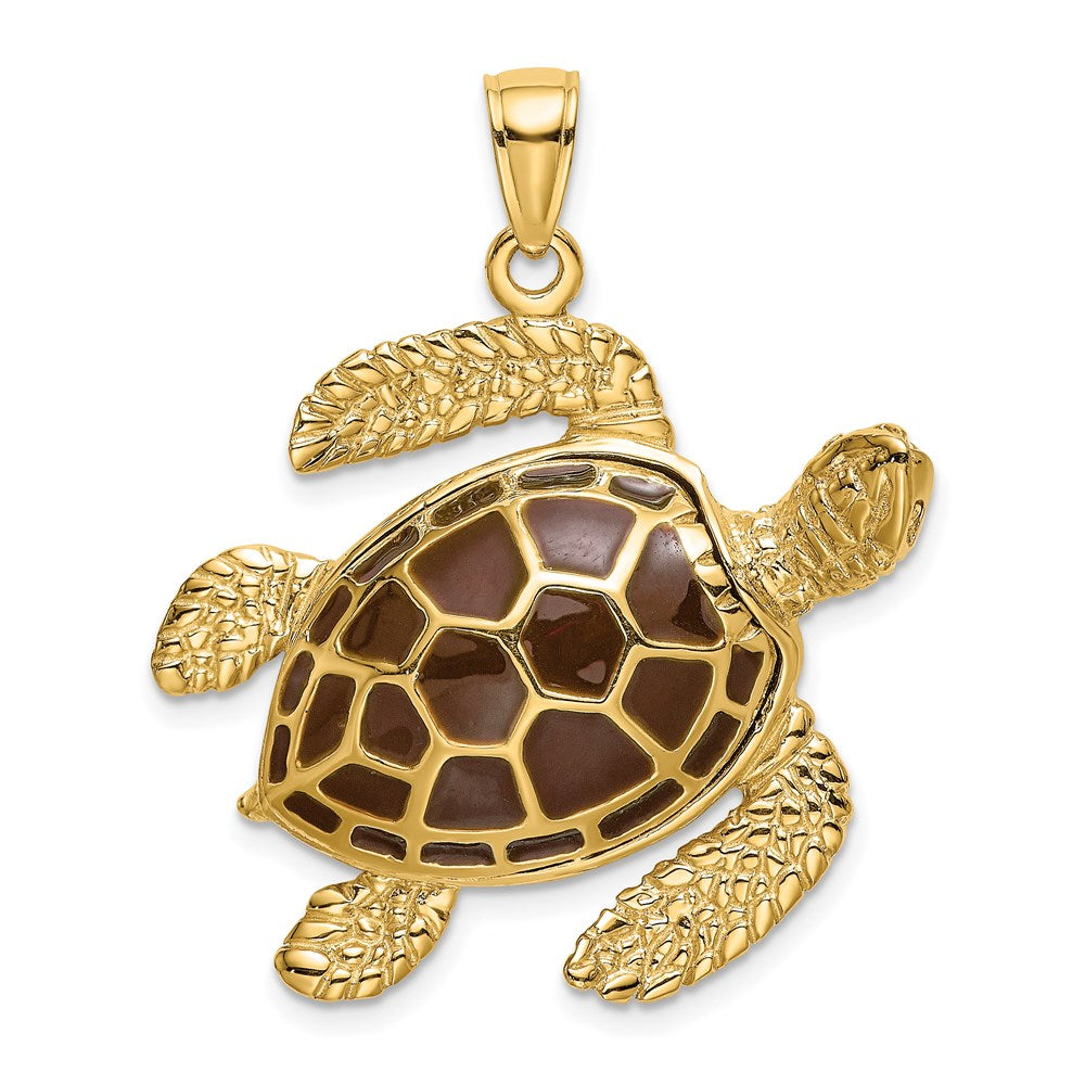 14k Yellow Gold 28.1 mm 3-D Brown Enamel Large Sea Turtle Charm (9.43 grams)