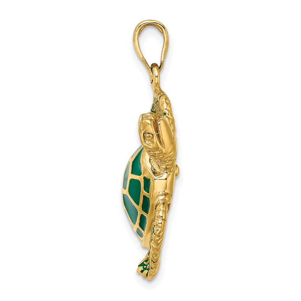 14k Yellow Gold 28.1 mm 3-D Green Enamel Large Sea Turtle Charm (9.77 grams)