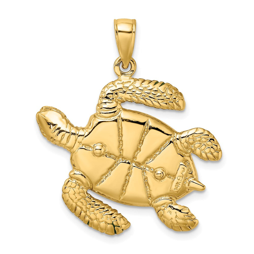 14k Yellow Gold 28.1 mm 3-D Green Enamel Large Sea Turtle Charm (9.77 grams)