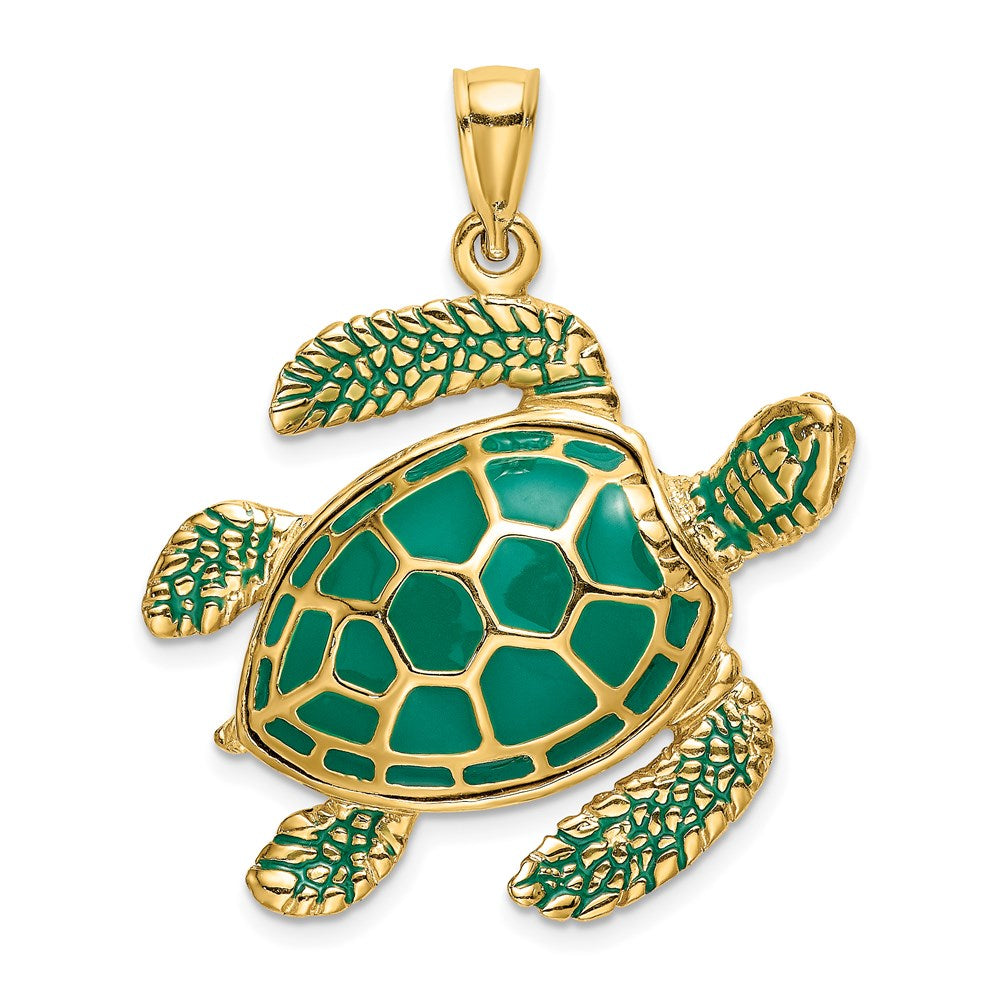 14k Yellow Gold 28.1 mm 3-D Green Enamel Large Sea Turtle Charm (9.77 grams)
