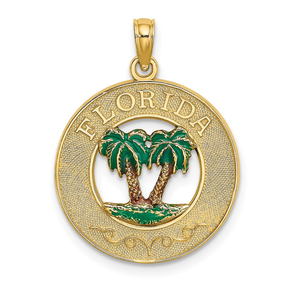 14k Yellow Gold 19.1 mm Florida Enamel Palm Trees Circle Charm (2.13 grams)