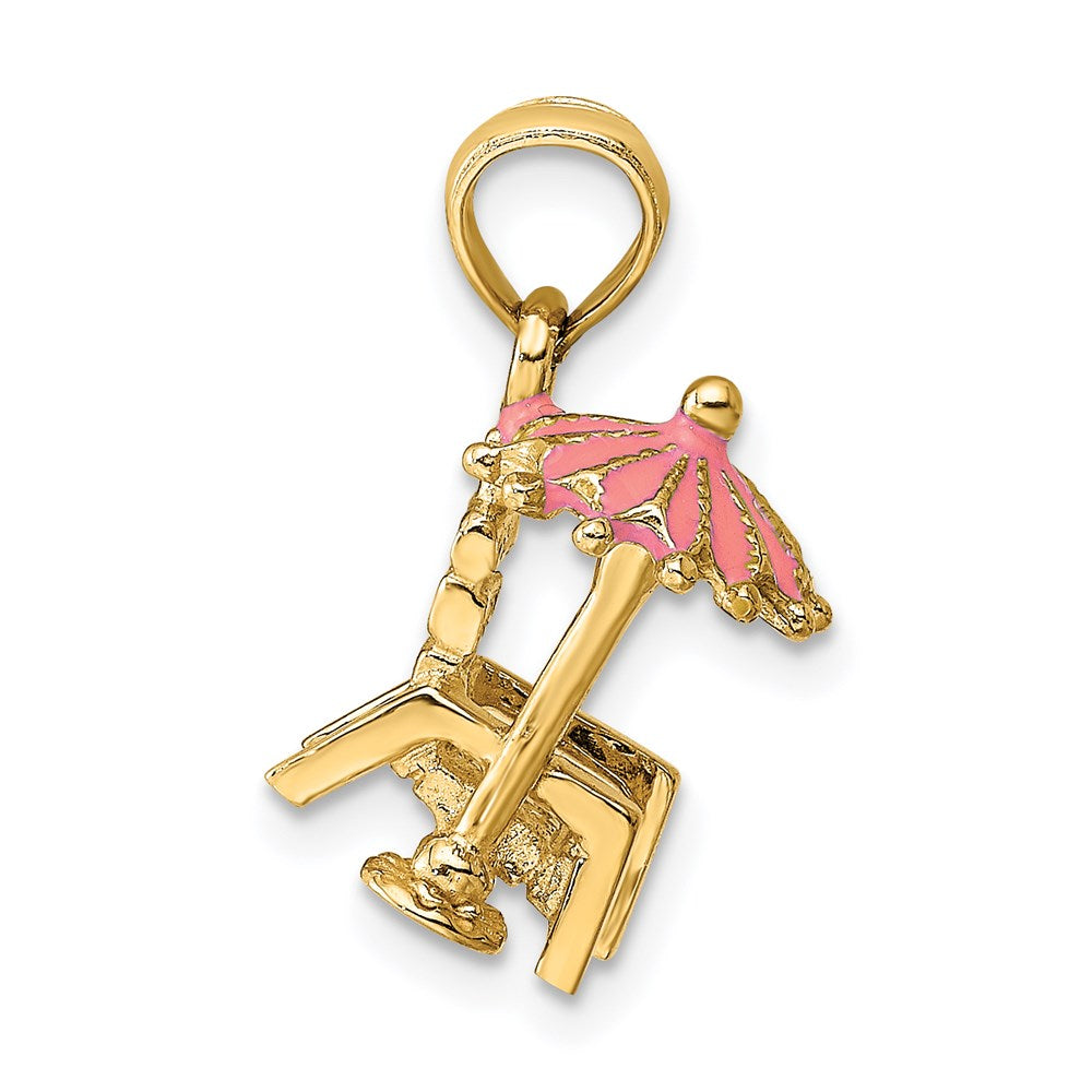 14k Yellow Gold 7.6 mm 3-D Pink Enamel Beach Chair and Umbrella Charm (2.19 grams)