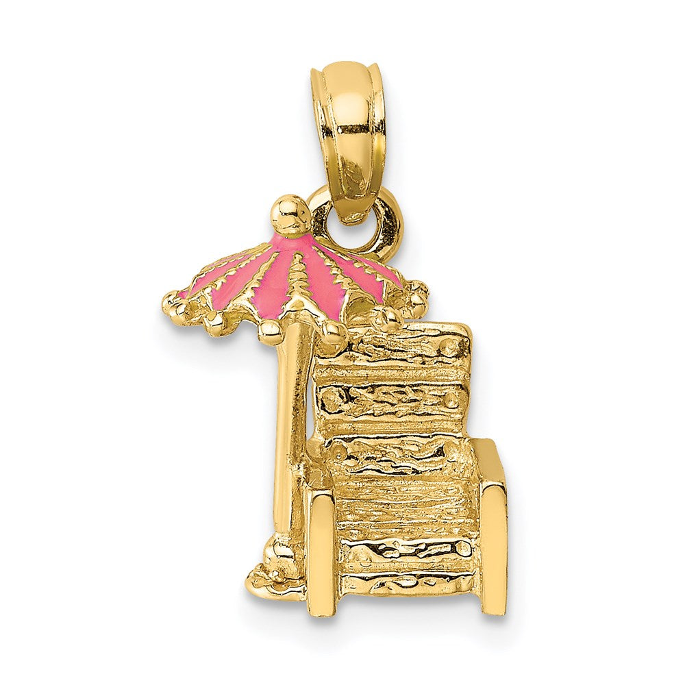 14k Yellow Gold 7.6 mm 3-D Pink Enamel Beach Chair and Umbrella Charm (2.19 grams)