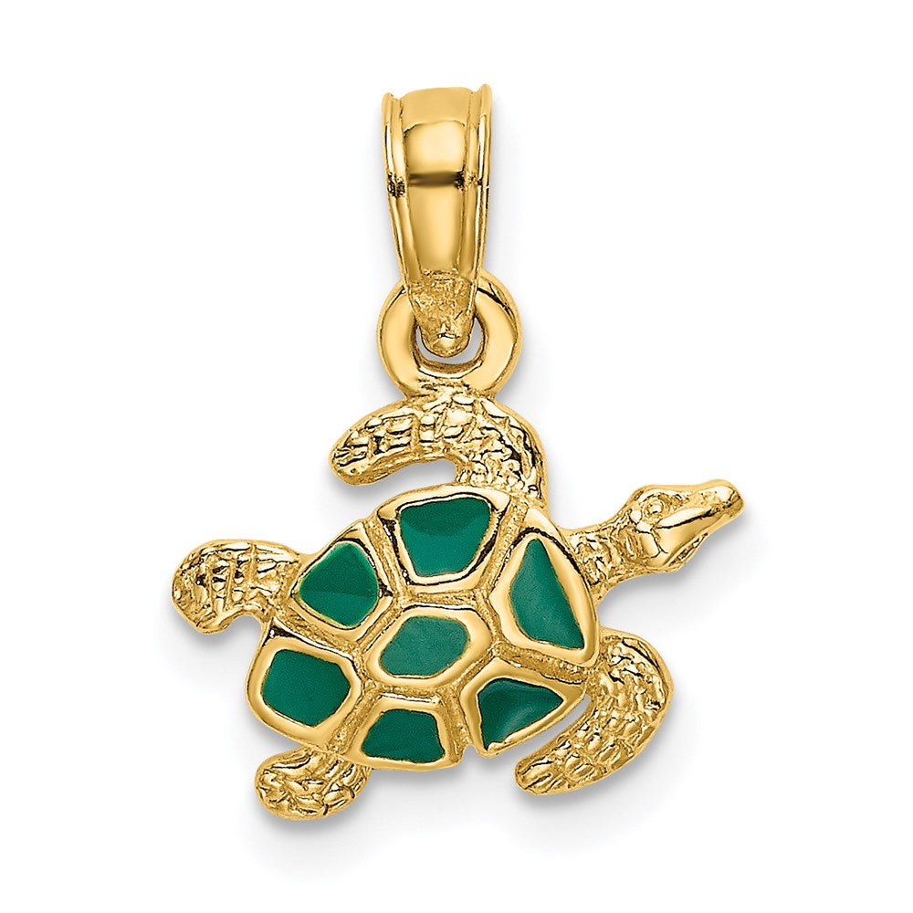 14k Yellow Gold 11.45 mm Textured and Enameled Sea Turtle Charm (0.77 grams)