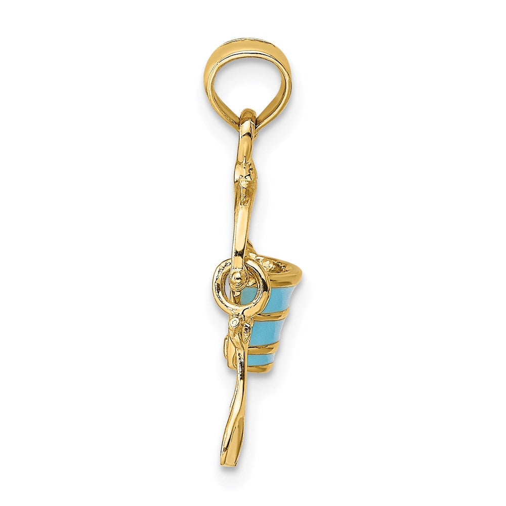 14k Yellow Gold 9.65 mm 2-D Aqua Enameled Beach Bucket w/Moveable Shovel Charm (1 grams)