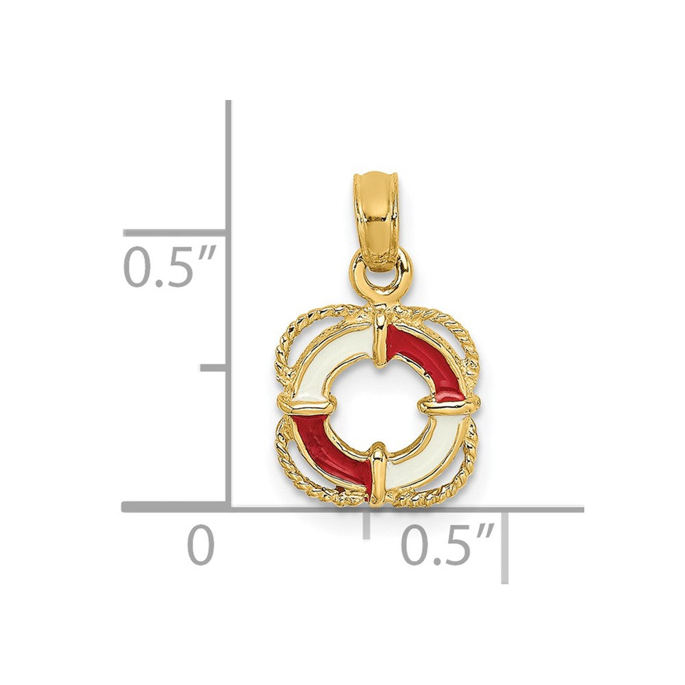 14k Yellow Gold 10 mm Red and White Enameled Lifesaver Ring Charm (0.81 grams)