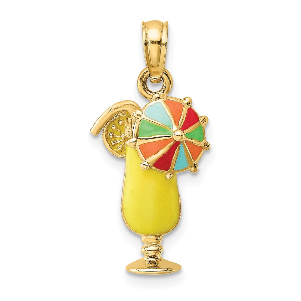 14k Yellow Gold 9.9 mm Yellow Enamel Drink w/Multi-Colored Umbrella Charm (1.41 grams)