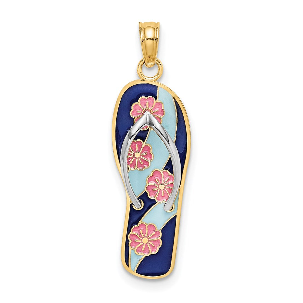 14k Yellow & Rhodium 8.75 mm 3D Enamel Pink Flowers On Blue Stripes Flip-Flop Charm (1.8 grams)