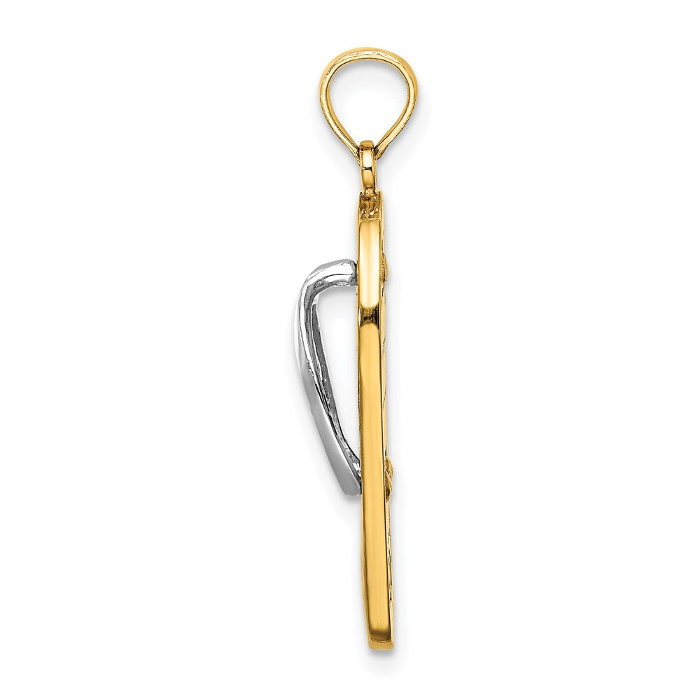 14k Yellow & Rhodium 8.85 mm 3D Enamel Fuschia and White Flowers On Aqua Flip-Flop Charm (1.82 grams)