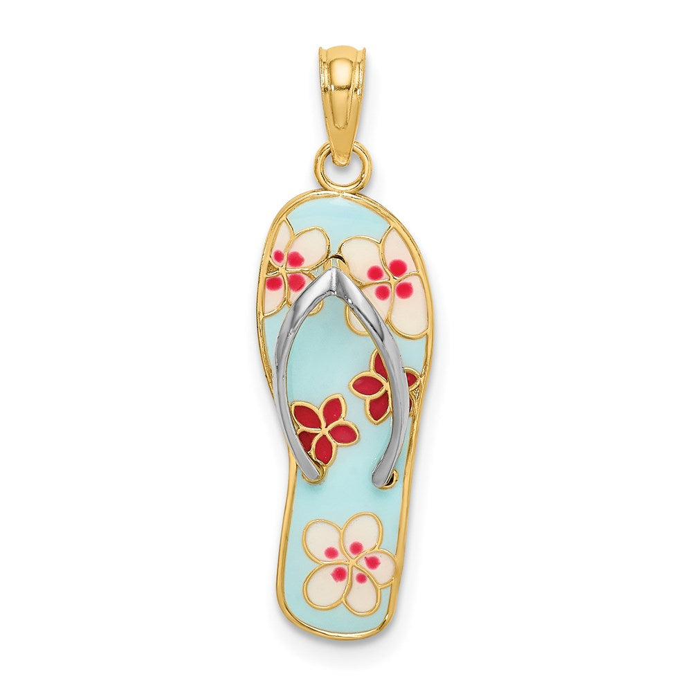14k Yellow & Rhodium 8.85 mm 3D Enamel Fuschia and White Flowers On Aqua Flip-Flop Charm (1.82 grams)