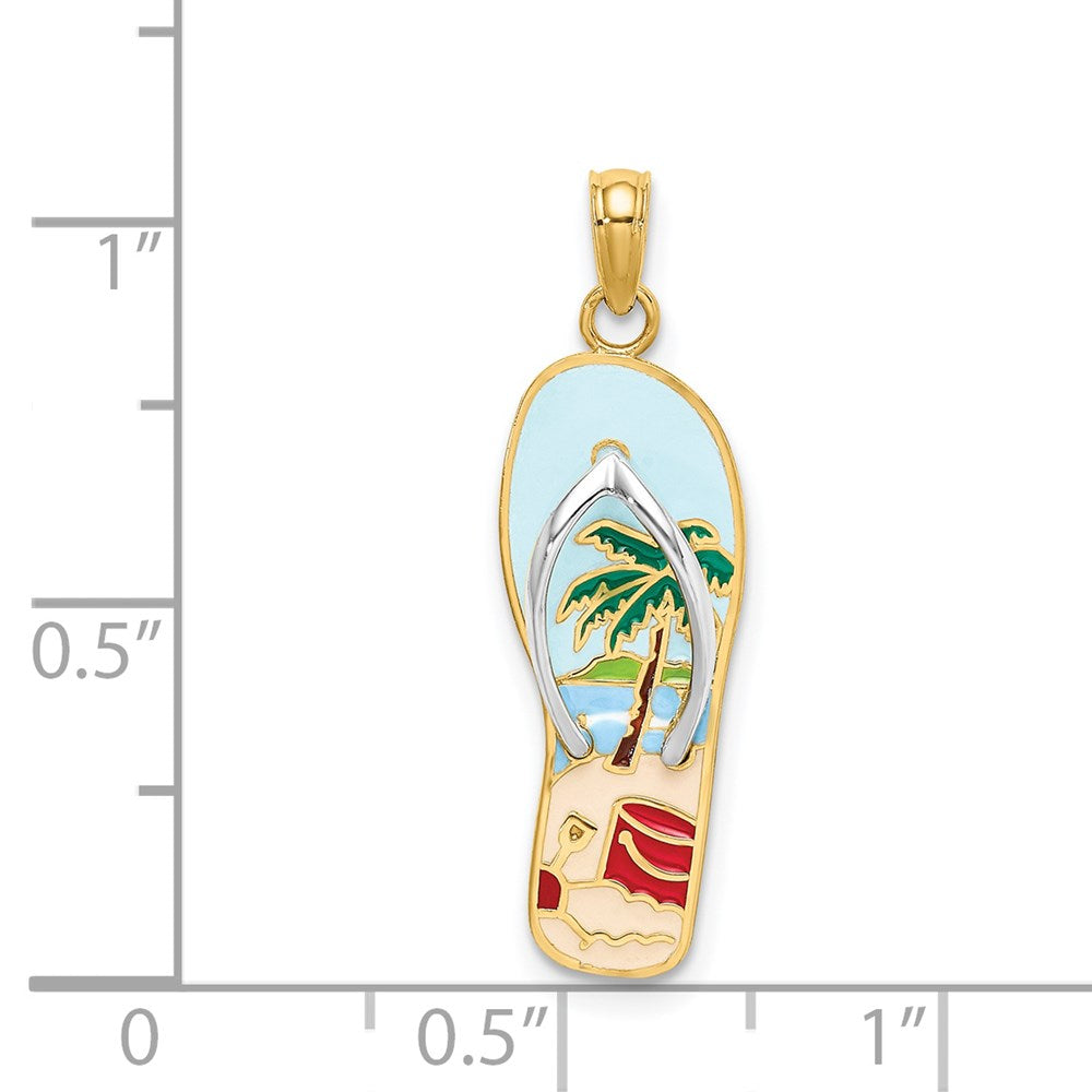 14k Yellow & Rhodium 8.7 mm 3D Enamel Palm Tree and Bucket Flip-Flop Charm (1.87 grams)