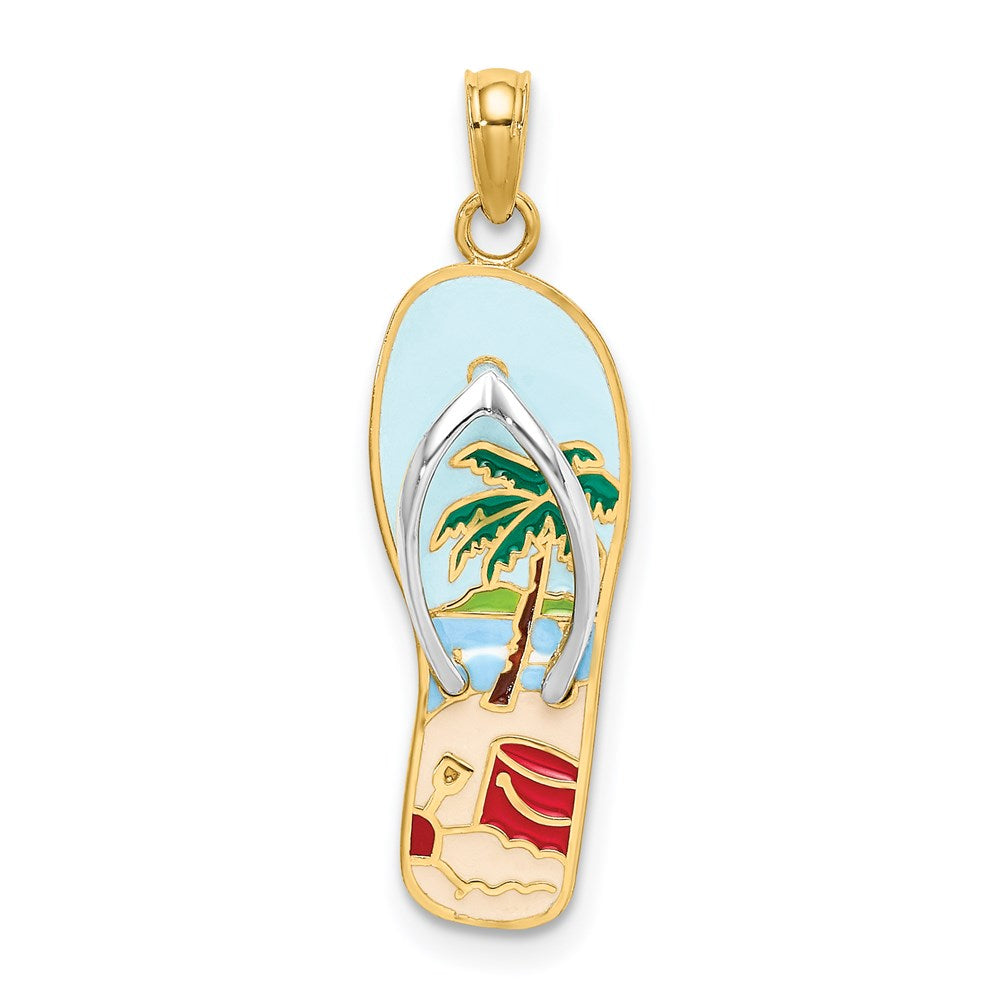 14k Yellow & Rhodium 8.7 mm 3D Enamel Palm Tree and Bucket Flip-Flop Charm (1.87 grams)