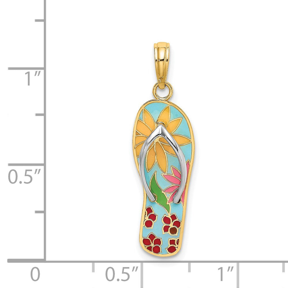 14k Yellow & Rhodium 8.75 mm Multi-Colored 3D Enamel Fuschia Flowers On Flip-Flop Charm (1.9 grams)