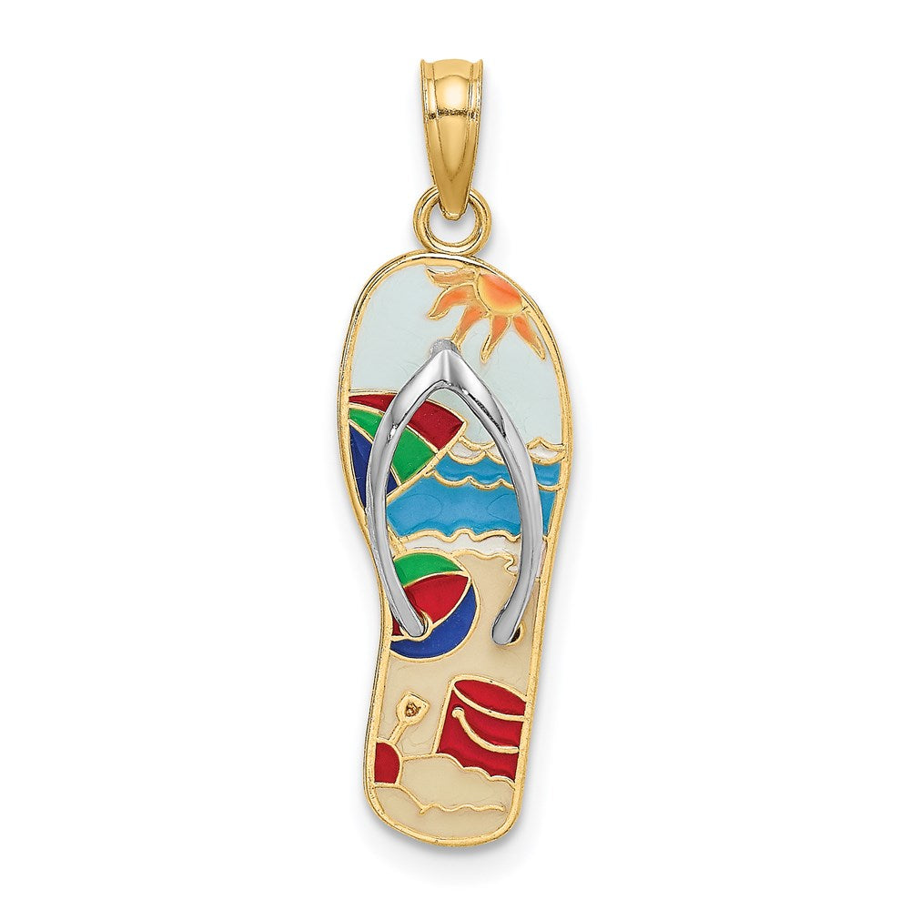 14k Yellow & Rhodium 8.8 mm Multi-Colored 3D Enamel Beach Scene On Flip-Flop Charm (1.79 grams)