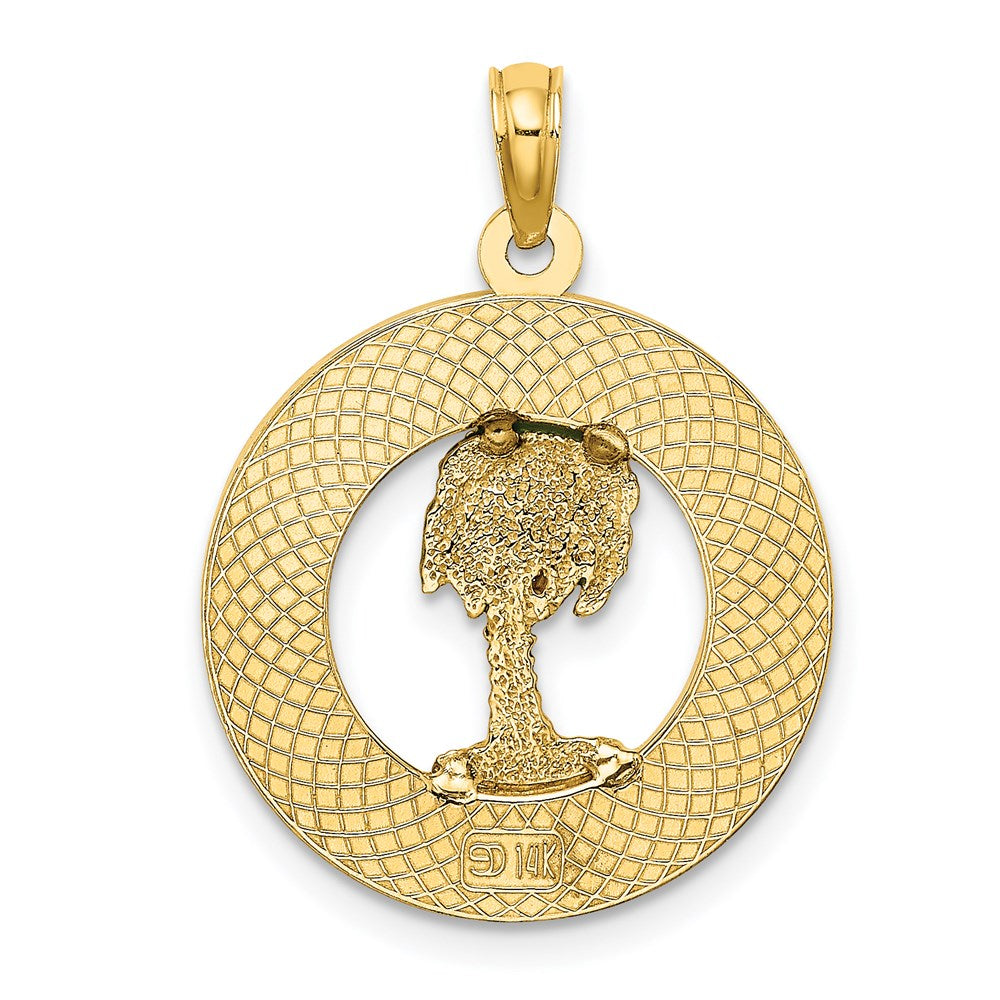 14k Yellow Gold 18.8 mm BLUFFTON SC Circle Enameled Palm Tree Charm (2.02 grams)