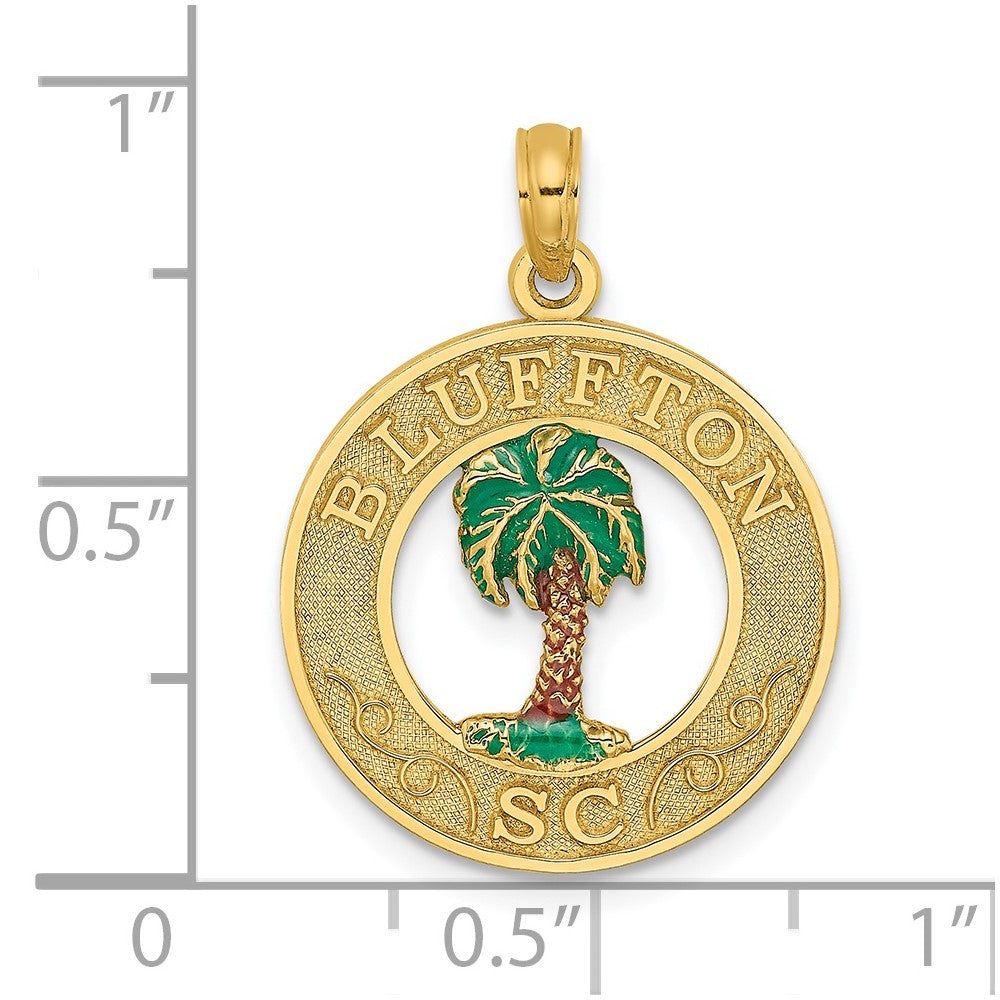 14k Yellow Gold 18.8 mm BLUFFTON SC Circle Enameled Palm Tree Charm (2.02 grams)
